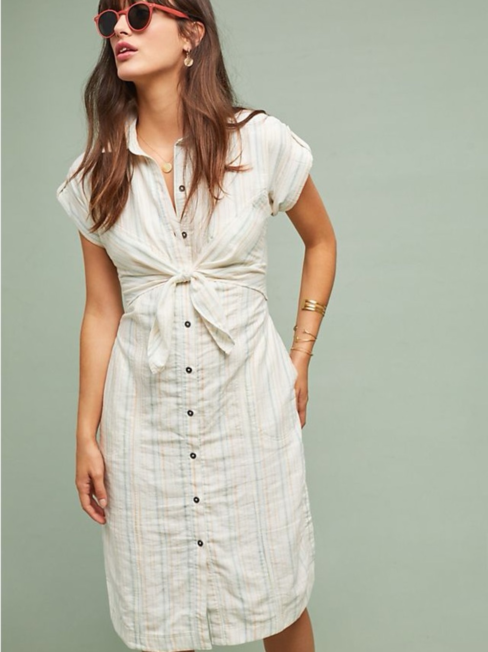 Anthropologie Maeve Cream Striped Tie-Front Shirt Dress size XS / 00